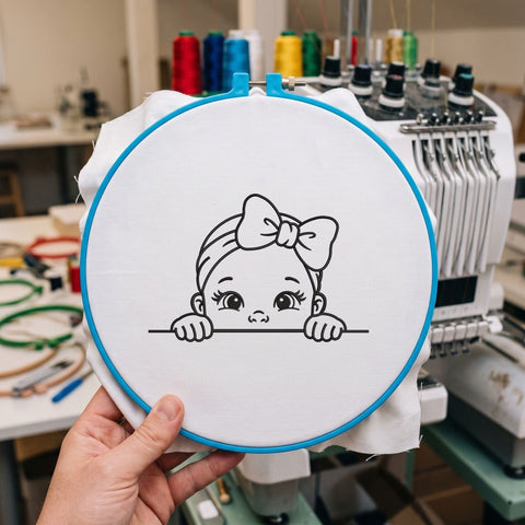 Peeking Baby Girl Embroidery Design – Cute Baby Face with Bow Peekaboo Machine Embroidery File Embroidery/Applique DESIGNS PatternFeed8 