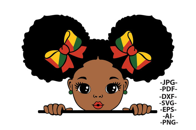 Peeking Black Girl SVG with Afro Puffs and Red Yellow Green Bows PNG DXF PDF EPS JPG AI African Pride Clipart for Cricut Crafts and Apparel SVG 1uniqueminute 