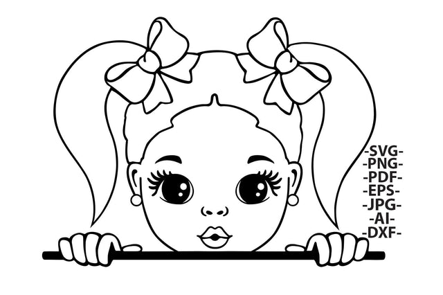 Peeking Black Girl SVG with Bows in Pigtails Line Art PNG PDF DXF EPS JPG AI Cute Outline Clipart for Coloring Books and Cricut Crafts SVG 1uniqueminute 
