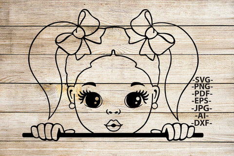 Peeking Black Girl SVG with Bows in Pigtails Line Art PNG PDF DXF EPS JPG AI Cute Outline Clipart for Coloring Books and Cricut Crafts SVG 1uniqueminute 