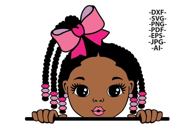 Peeking Black Girl SVG with Braids and Pink Beads PNG DXF PDF EPS JPG AI Cute Clipart with Bow for Cricut Shirts Stickers and Crafts SVG 1uniqueminute 