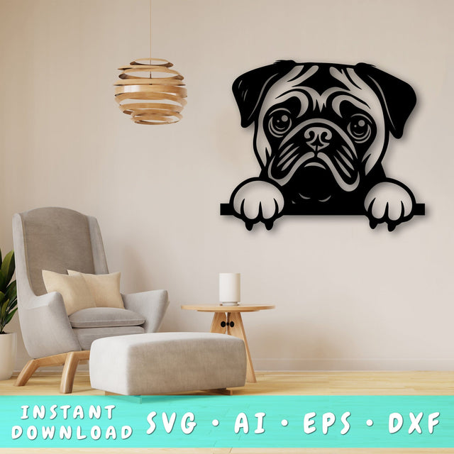 Peeking Pug Laser SVG, Cute Dog Laser Cut, Pet Lover Design, Digital Download, Dog Art, Laser Engraving File SVG HappyDesignStudio 