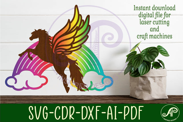 Pegasus and Rainbow two layer wall sign, SVG laser cut file SVG APInspireddesigns 