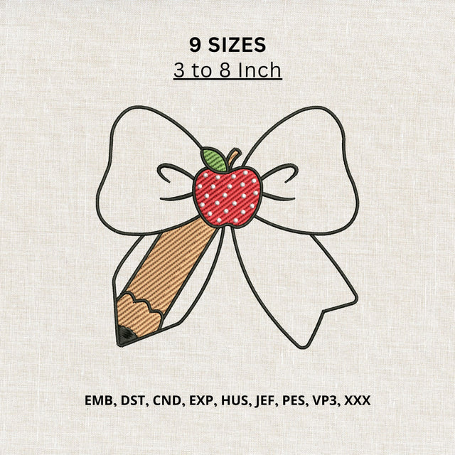 Pencil Bow Apple Machine Embroidery Design – Back to School Teacher Embroidery File Embroidery/Applique DESIGNS PatternFeed8 