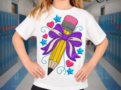 Pencil Bow Embroidery Design, Back to School Machine Embroidery Pattern, Purple Bow, Hearts and Stars, Teacher Embroidery Design Embroidery/Applique DESIGNS DesignDestine 