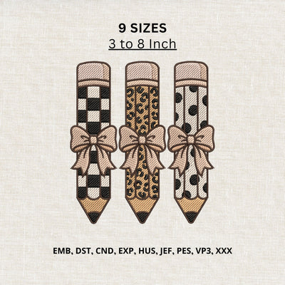 Pencil Bow Trio Machine Embroidery Design – Leopard Checkered Polka Dot Teacher Pencil Embroidery File Embroidery/Applique DESIGNS PatternFeed8 