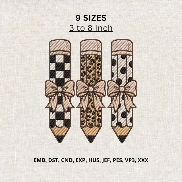Pencil Bow Trio Machine Embroidery Design – Leopard Checkered Polka Dot Teacher Pencil Embroidery File Embroidery/Applique DESIGNS PatternFeed8 