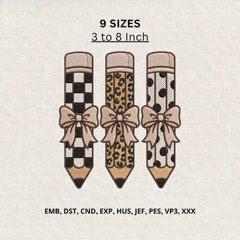Pencil Bow Trio Machine Embroidery Design – Leopard Checkered Polka Dot Teacher Pencil Embroidery File Embroidery/Applique DESIGNS PatternFeed8 