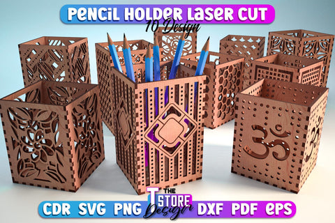 Pencil Holder Laser Cut Bundle | Home Design | Wooden Holder | CNC File SVG The T Store Design 