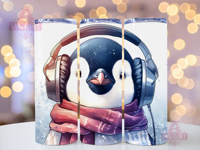 Penguin Christmas 20 oz Skinny Tumbler Sublimation Design Wrap, Instant Digital Download PNG, Penguin Wearing Headphones Tumbler Wrap Sublimation SvggirlplusArt 