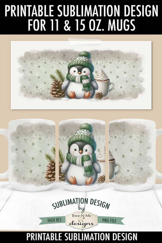 Penguin In Green 11 & 15 oz Christmas Mug Sublimation Design Sublimation Ewe-N-Me Designs 