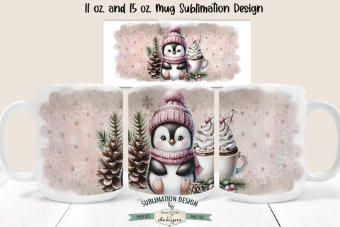 Penguin In Pink 11 & 15 oz Christmas Mug Sublimation Design Sublimation Ewe-N-Me Designs 