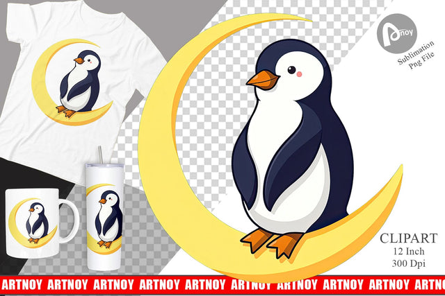 Penguin on Moon Clipart Sublimation artnoy 