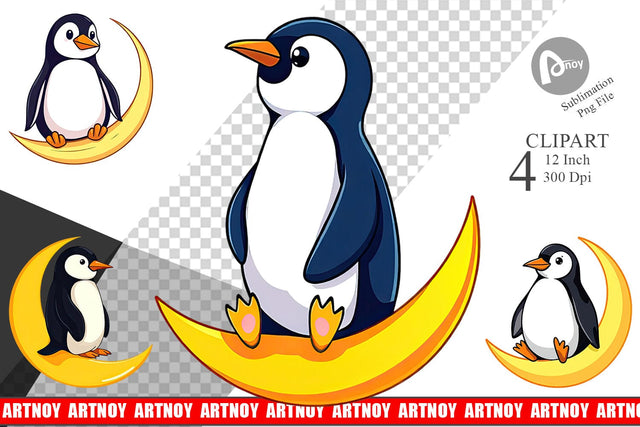 Penguin on Moon Clipart Sublimation artnoy 
