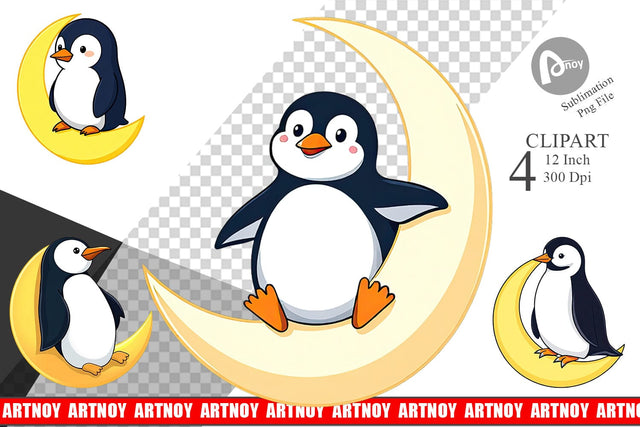 Penguin on Moon Clipart Sublimation artnoy 
