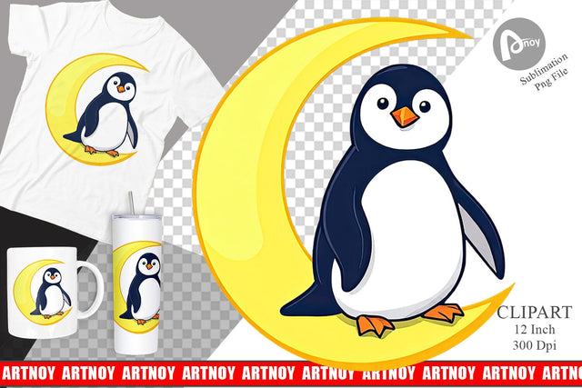 Penguin on Moon Clipart Sublimation artnoy 