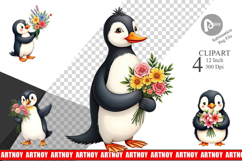 Penguin Spring Bouquet Clipart Sublimation artnoy 