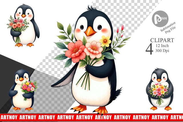 Penguin Spring Bouquet Clipart Sublimation artnoy 