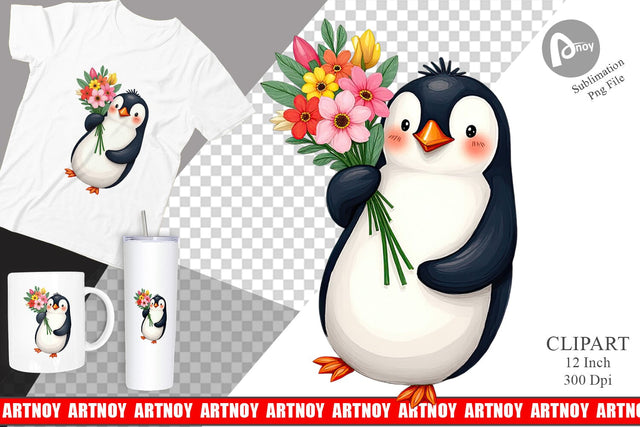 Penguin Spring Bouquet Clipart Sublimation artnoy 