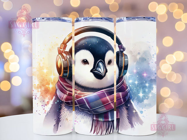Penguin Wearing Headphones And A Scarf Tumbler, Christmas Penguin 20oz Skinny Tumbler Sublimation Wrap, Penguin Tumbler PNG Sublimation SvggirlplusArt 