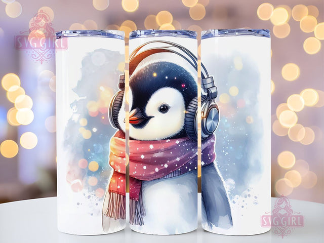 Penguin Wearing Headphones And A Scarf Tumbler, Christmas Penguin 20oz Skinny Tumbler Sublimation Wrap, Penguin Tumbler PNG Sublimation SvggirlplusArt 