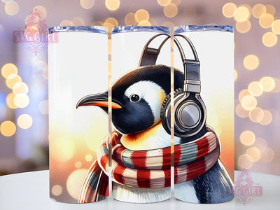 Penguin Wearing Headphones And A Scarf Tumbler, Christmas Penguin 20oz Skinny Tumbler Sublimation Wrap, Penguin Tumbler PNG Sublimation SvggirlplusArt 
