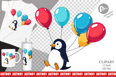 Penguin with Balloons Clipart Sublimation artnoy 