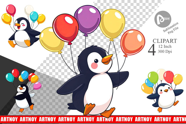 Penguin with Balloons Clipart Sublimation artnoy 