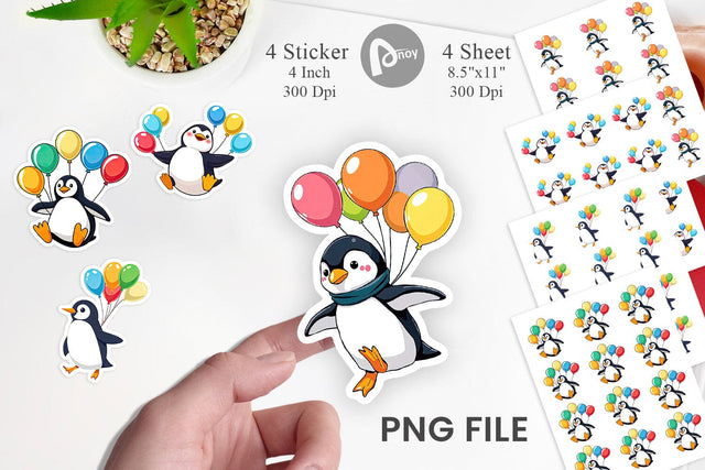 Penguin with Balloons Sticker Sublimation artnoy 