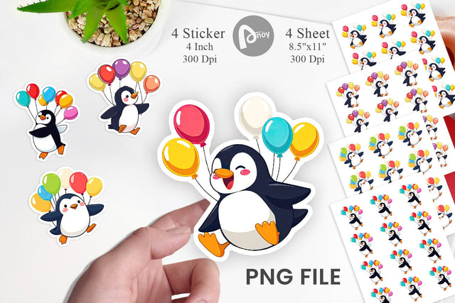 Penguin with Balloons Sticker Sublimation artnoy 