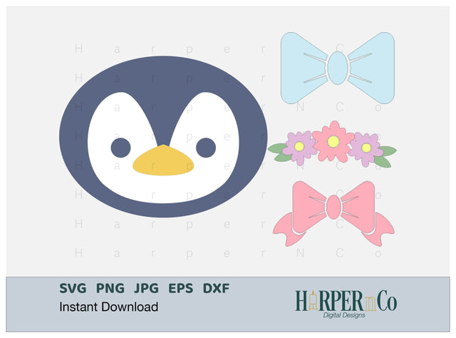 Penguin with Bows and Flowers SVG PNG Cut EPS File SVG HarperNCo 