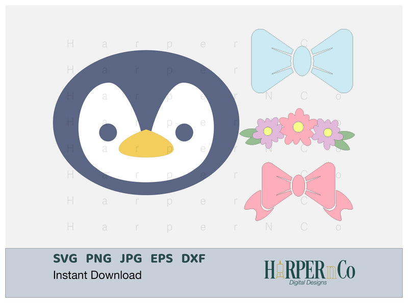 Penguin with Bows and Flowers SVG PNG Cut EPS File SVG HarperNCo 