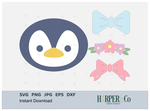 Penguin with Bows and Flowers SVG PNG Cut EPS File SVG HarperNCo 