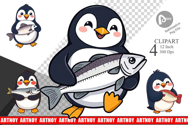 Penguin with Fish Clipart Sublimation artnoy 