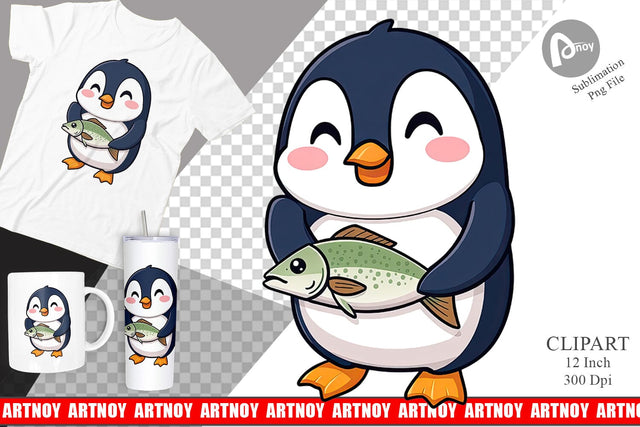 Penguin with Fish Clipart Sublimation artnoy 