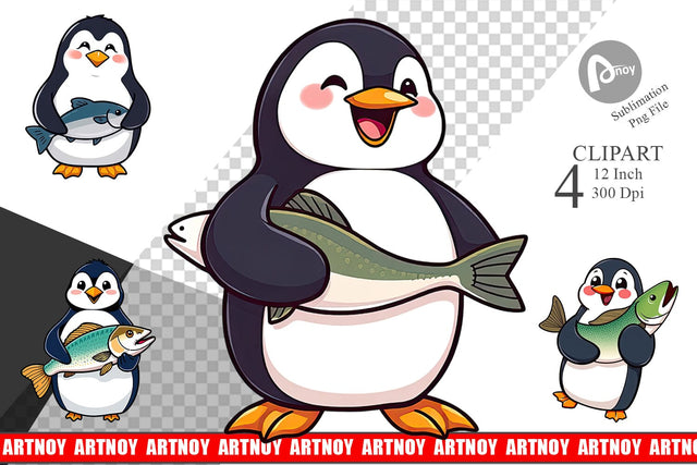 Penguin with Fish Clipart Sublimation artnoy 