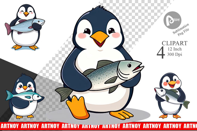 Penguin with Fish Clipart Sublimation artnoy 
