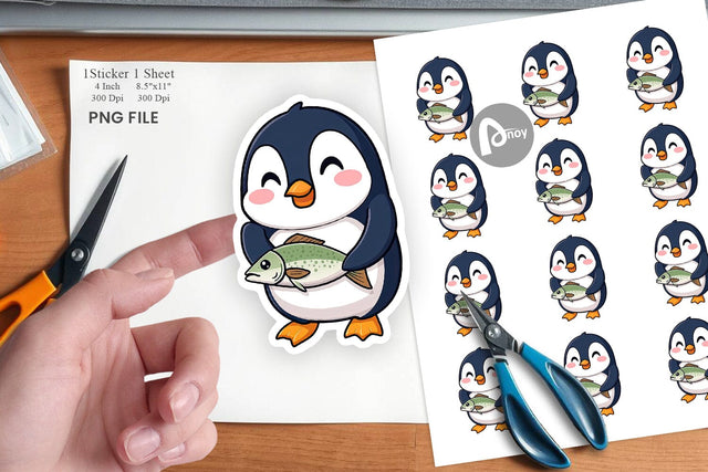 Penguin with Fish Sticker Sublimation artnoy 