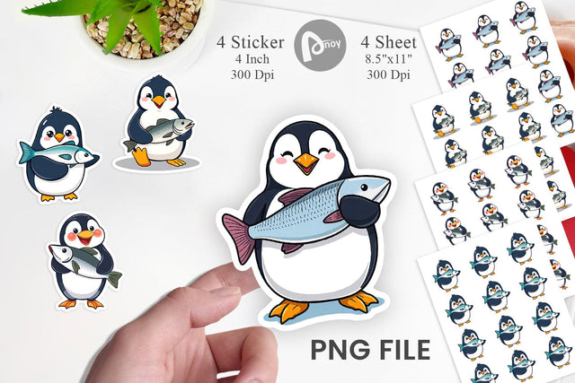 Penguin with Fish Sticker Sublimation artnoy 