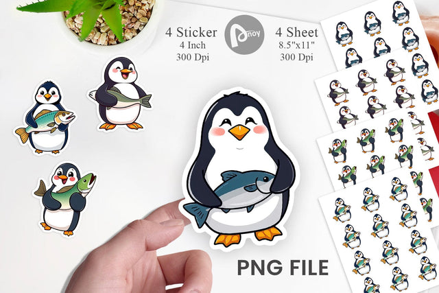 Penguin with Fish Sticker Sublimation artnoy 