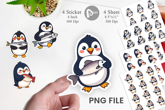 Penguin with Fish Sticker Sublimation artnoy 