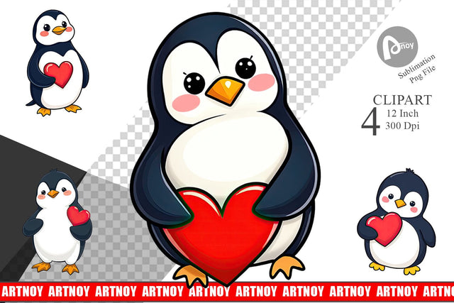 Penguin with Heart Clipart Sublimation artnoy 