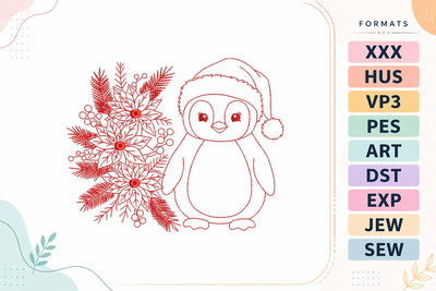 Penguin with Poinsettia Bouquet Line Art Christmas Embroidery Design Embroidery/Applique DESIGNS sg embroidery 