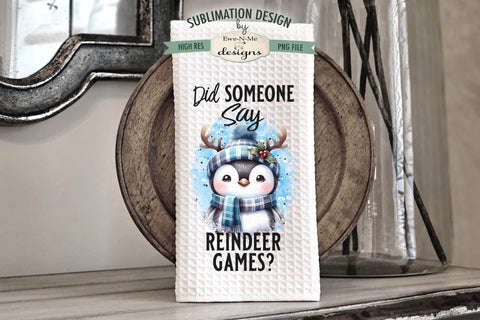 Penguin with Reindeer Antlers Kitchen Towel Sublimation PNG Sublimation Ewe-N-Me Designs 