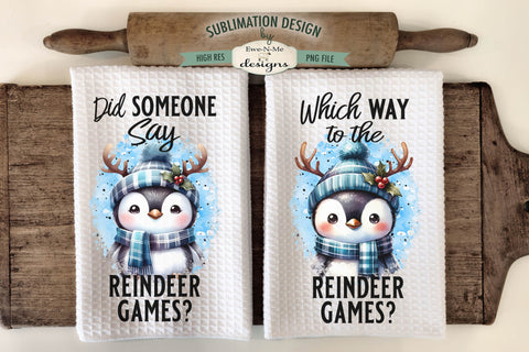 Penguin with Reindeer Antlers Kitchen Towel Sublimation PNG Sublimation Ewe-N-Me Designs 