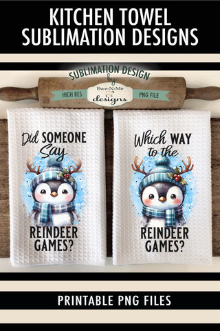 Penguin with Reindeer Antlers Kitchen Towel Sublimation PNG Sublimation Ewe-N-Me Designs 