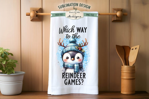 Penguin with Reindeer Antlers Kitchen Towel Sublimation PNG Sublimation Ewe-N-Me Designs 