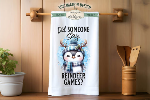 Penguin with Reindeer Antlers Kitchen Towel Sublimation PNG Sublimation Ewe-N-Me Designs 