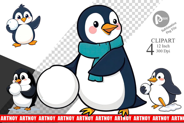 Penguin with Snowball Clipart Sublimation artnoy 