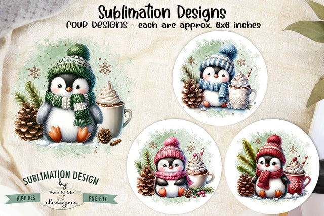 Penguins with Cocoa Mugs Sublimation Designs | Christmas PNG Sublimation Ewe-N-Me Designs 